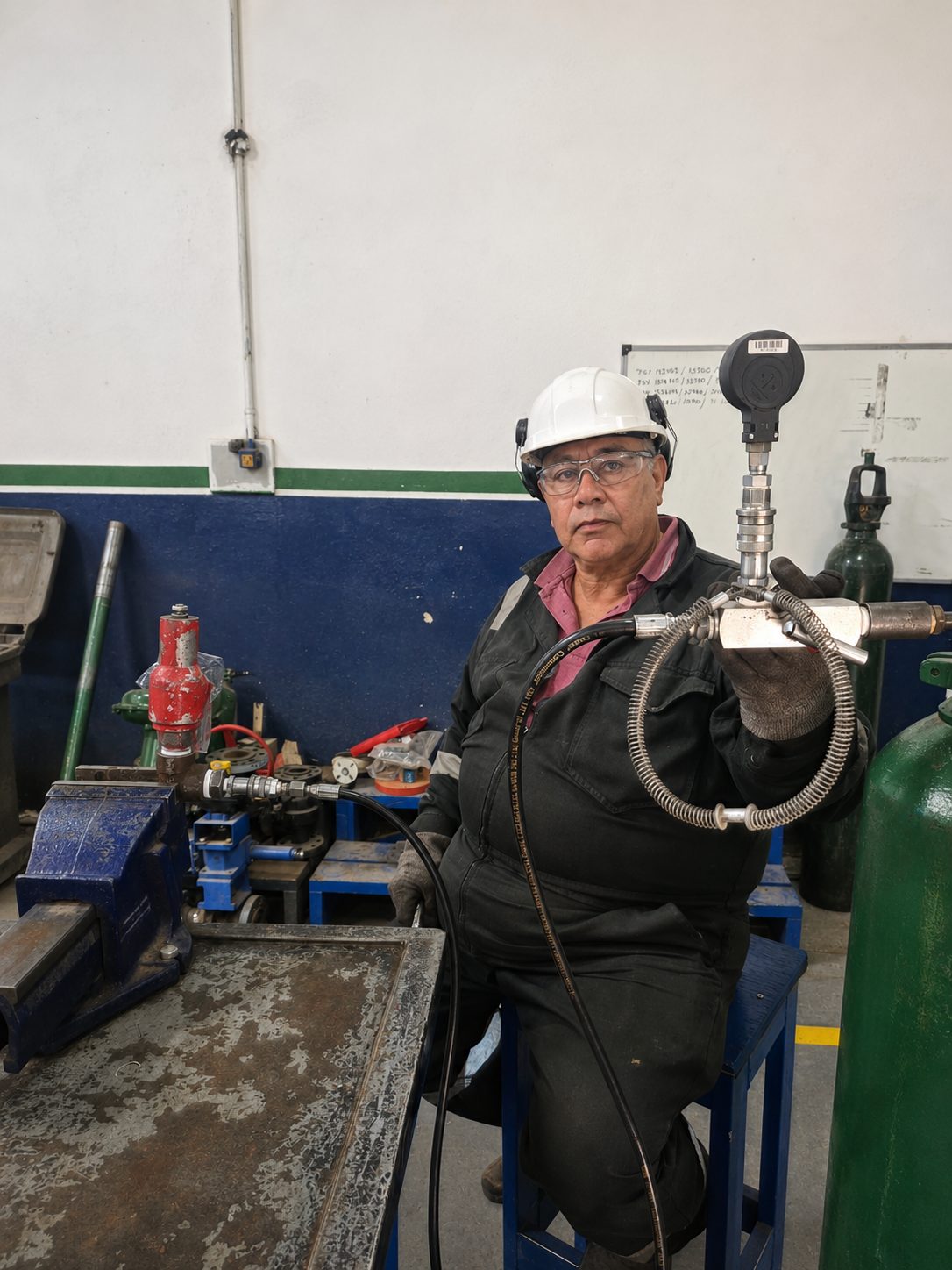 Técnico de Valquen operando el banco de prueba de válvulas de seguridad en el taller