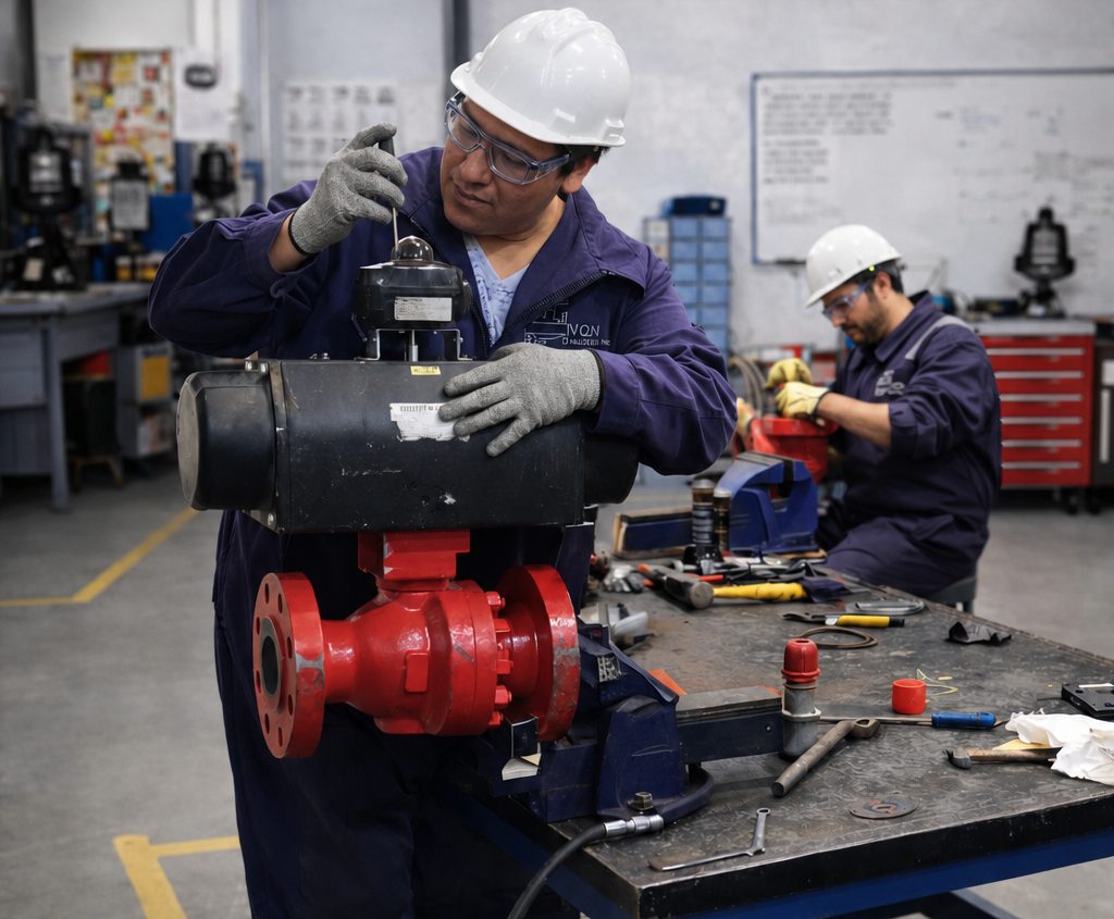 Técnicos de Valquen desmontando un actuador neumático montado sobre una válvula esférica