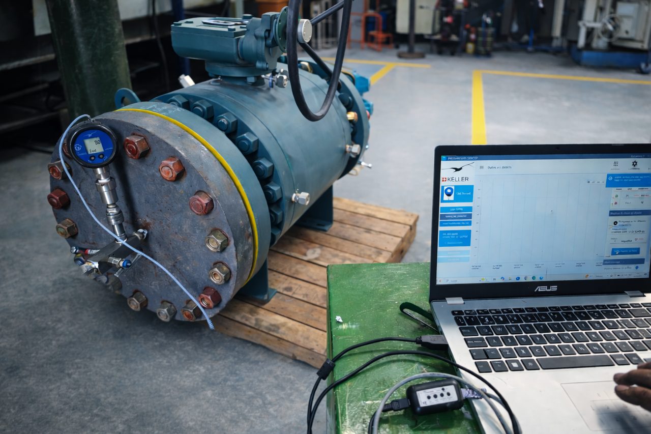 Ensayo hidraulico de una valvula de gran diametro en el taller de Valquen SRL, con manometro digital conectado y registro de presion en la notebook