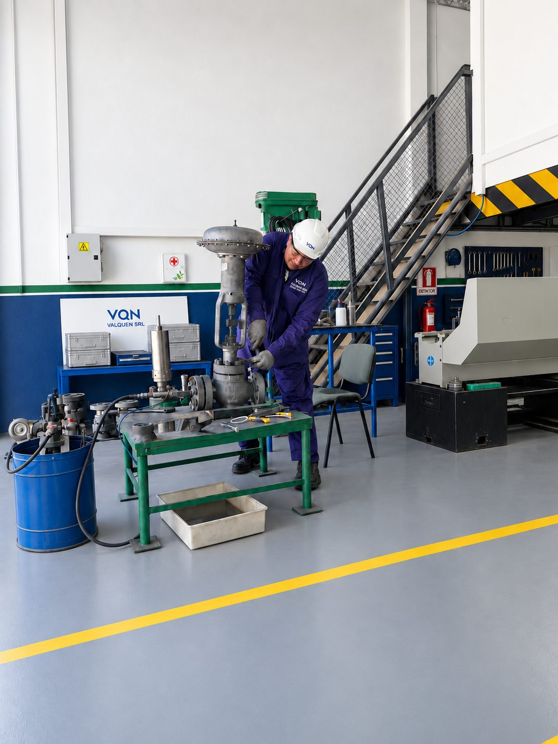 Técnico de Valquen interviniendo una válvula de control sobre el banco de trabajo del taller de Plottier